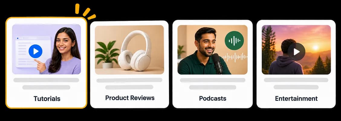 Thumbnail template categories including tutorials, product reviews, podcasts, and entertainment