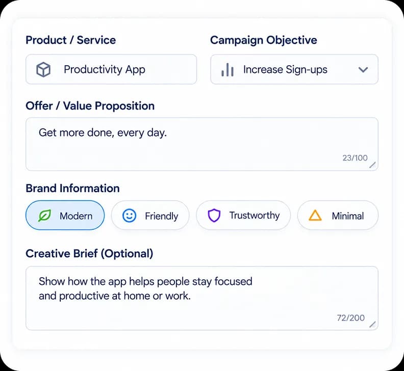 Campaign setup form for product, objective, offer, brand, and creative brief