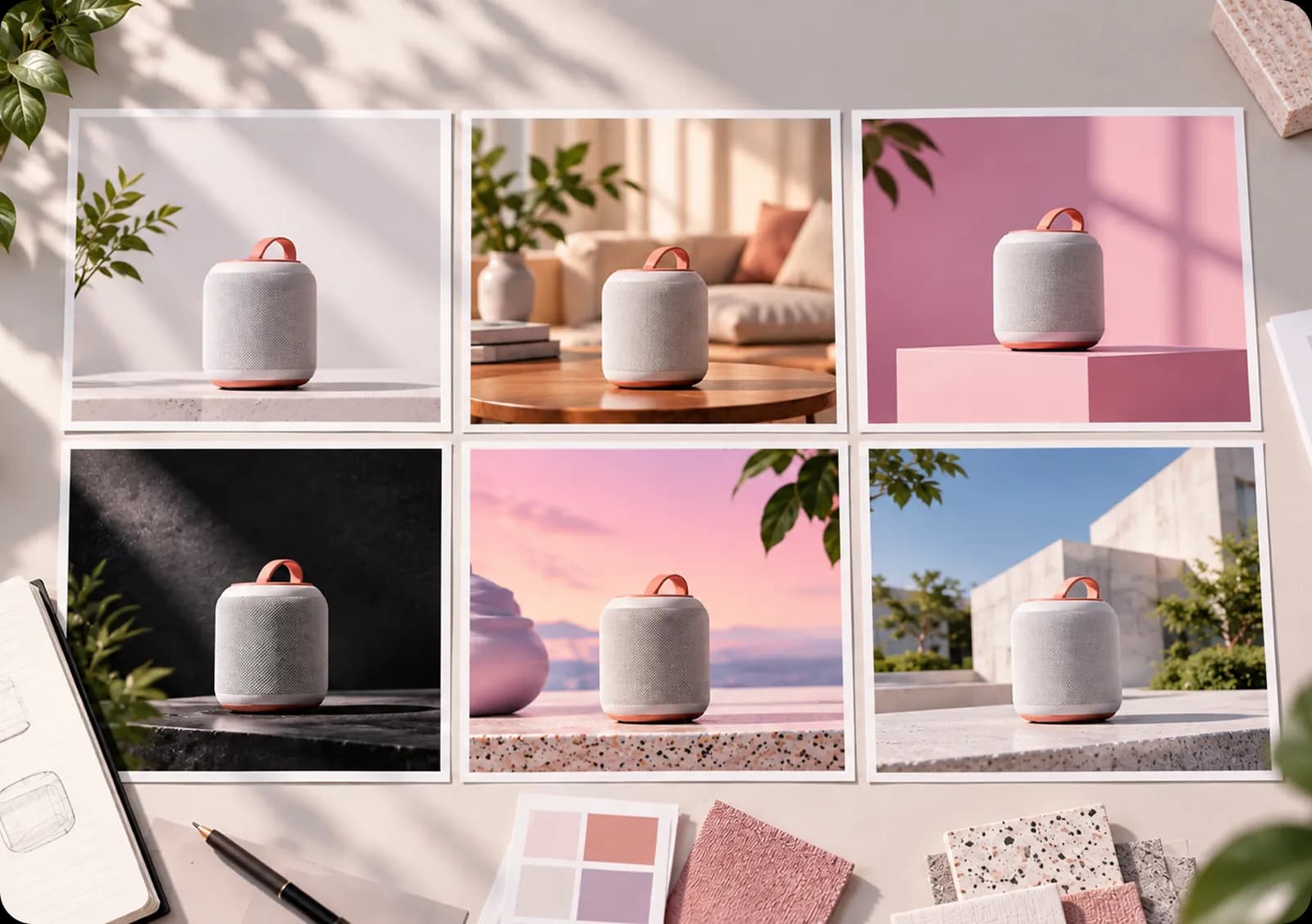 Product speaker explored across six different visual styles and environments on a desk mood board