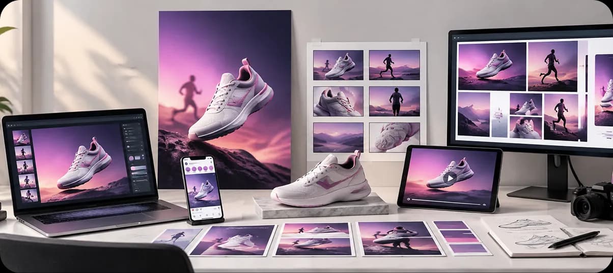 Sneaker campaign shown across laptop, phone, tablet, monitor, and print formats on a desk