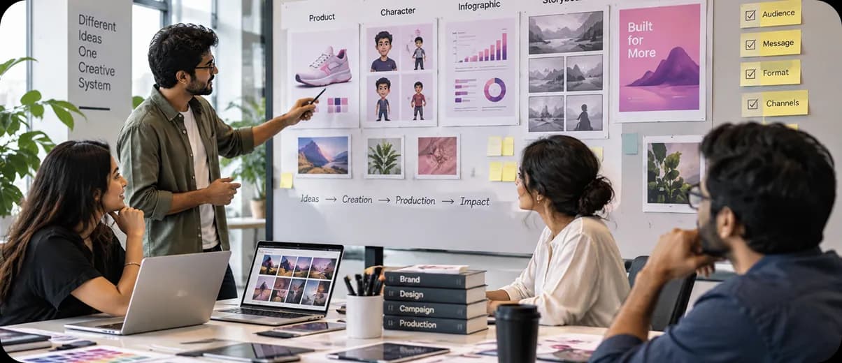 Creative team collaborating around a studio wall of designs and sketches