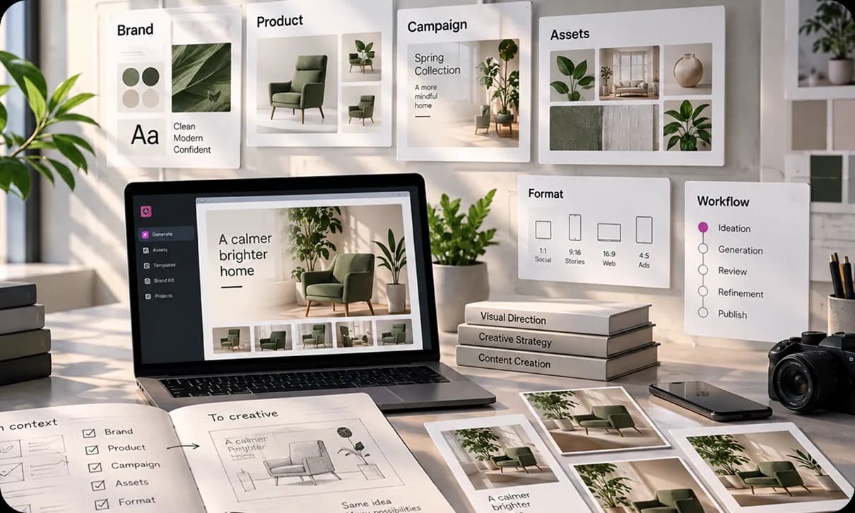 Creative workspace with laptop, mood boards, sketches, camera, and brand references