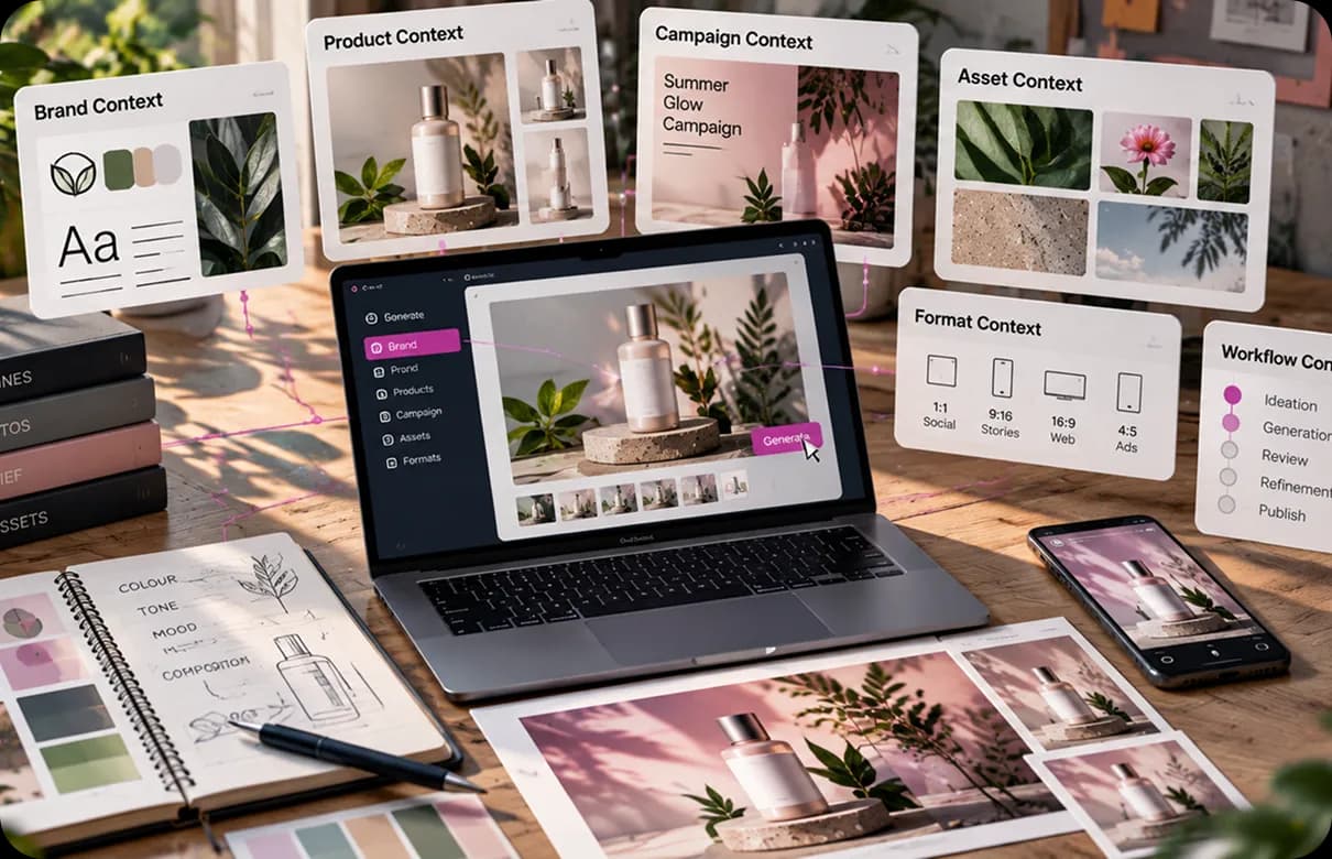 Desk workspace with laptop and floating brand, product, campaign, and format context cards