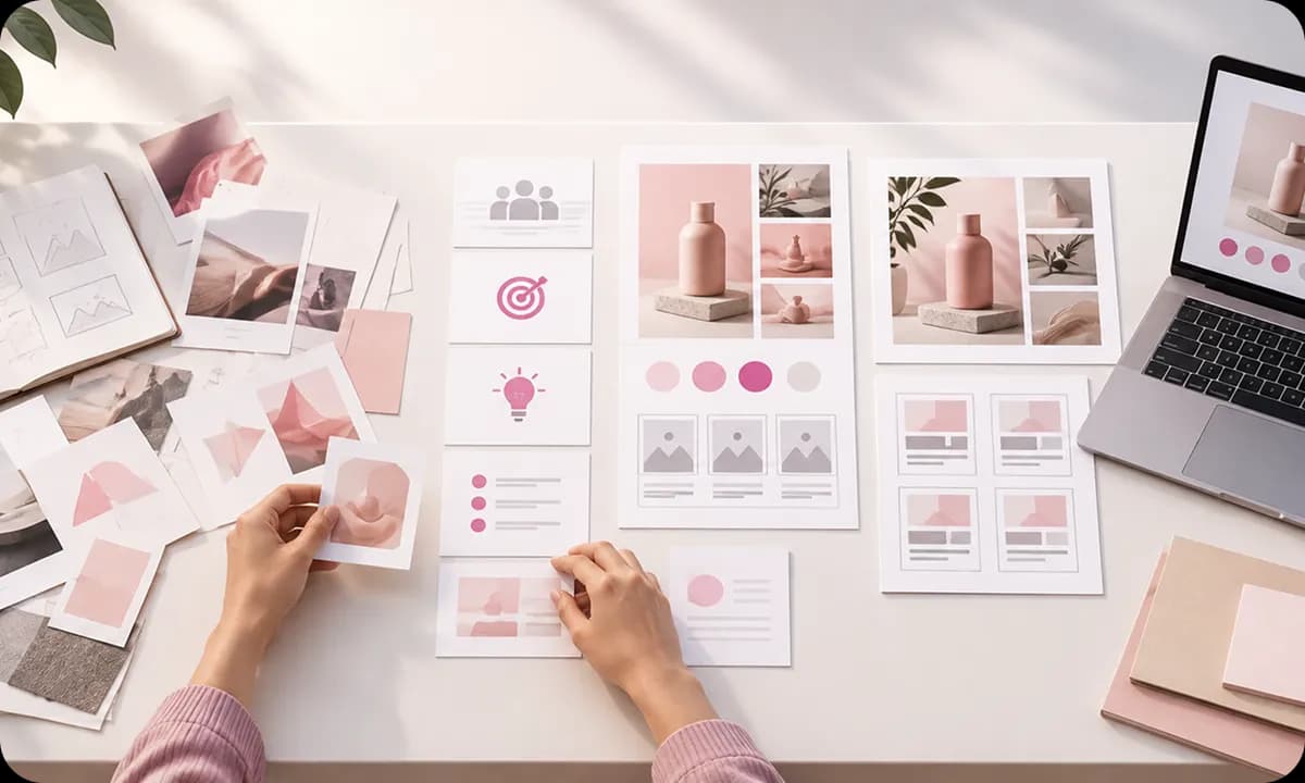 Hands arranging mood board cards and production layout sheets on a desk beside a laptop