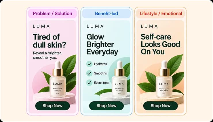 Problem/solution, benefit-led, and lifestyle banner angles