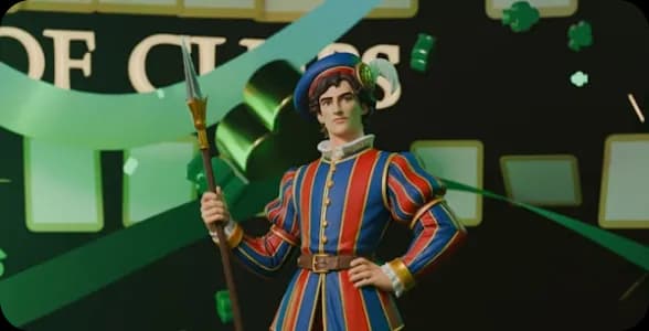 Character exploration in a colorful guard-style uniform