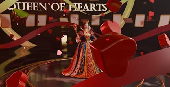 Queen of Hearts character variation with floating heart motifs