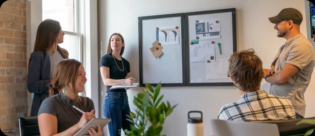 Creative team collaborating around a whiteboard in a modern office