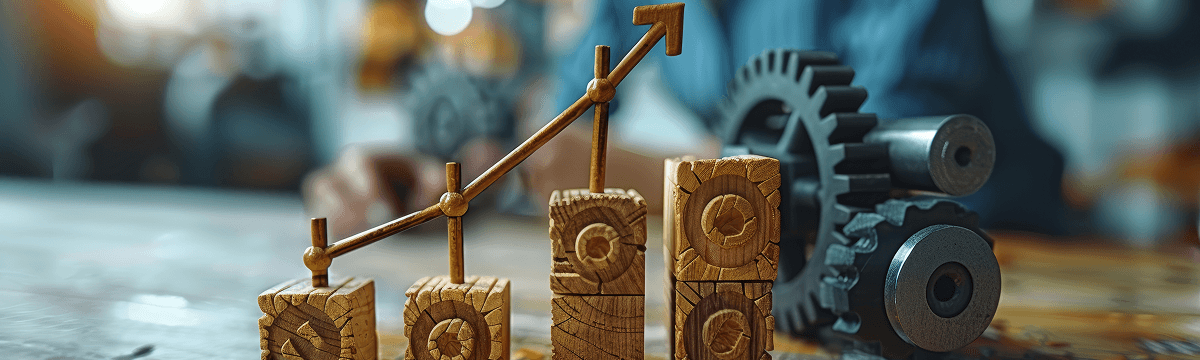 Wooden blocks rising like a bar chart with an upward arrow beside gears