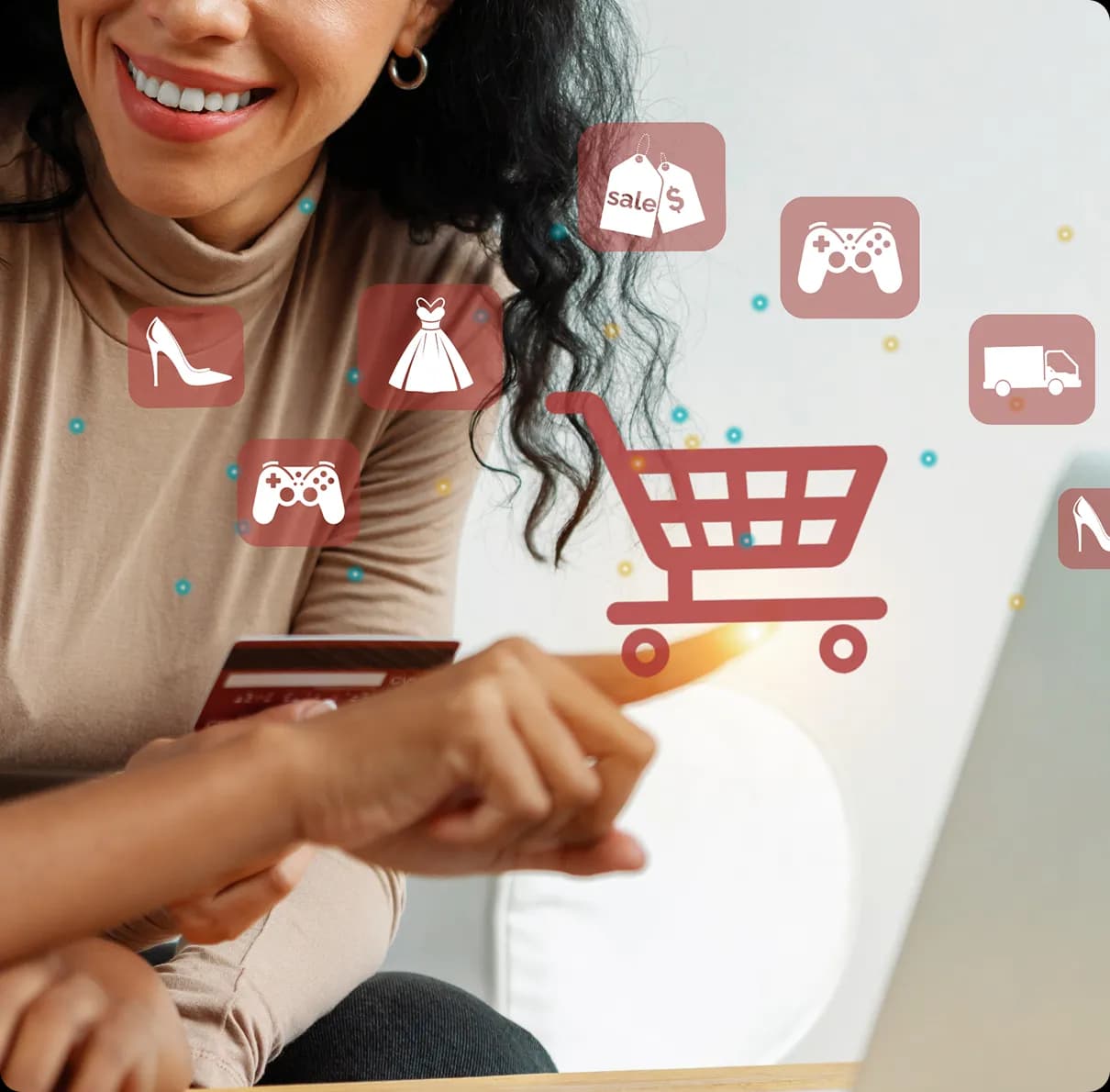 Person shopping online with a credit card and floating ecommerce icons