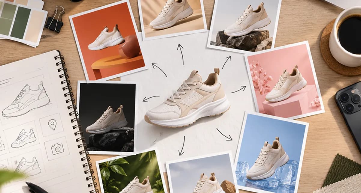 Product photo variations — central sneaker with alternate environment shots around it