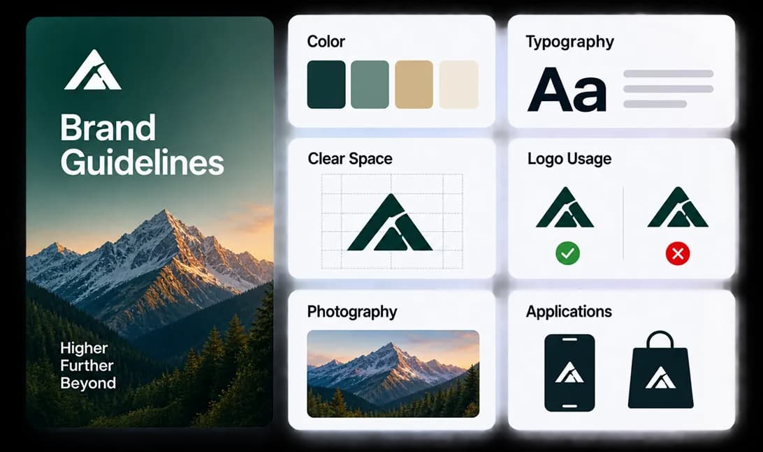 Brand guidelines covering color, typography, clear space, and logo usage