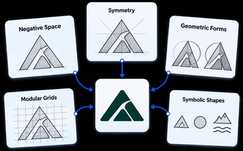Logo concept sketches exploring negative space, symmetry, and geometric forms
