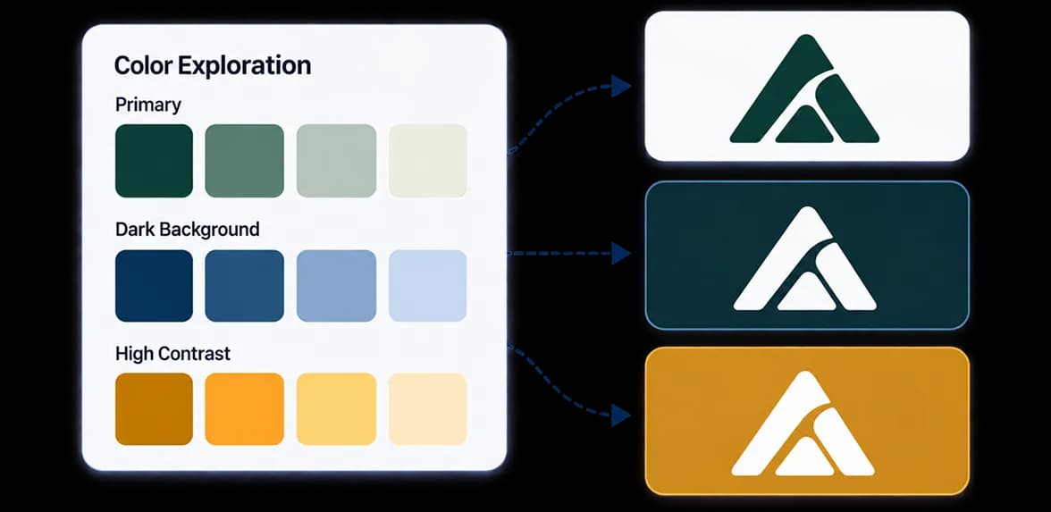 Color exploration panel with primary, dark background, and high contrast variants