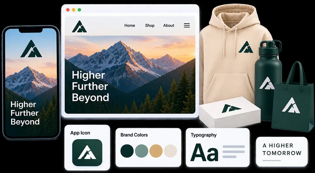 Brand identity applied across digital, apparel, and product mockups