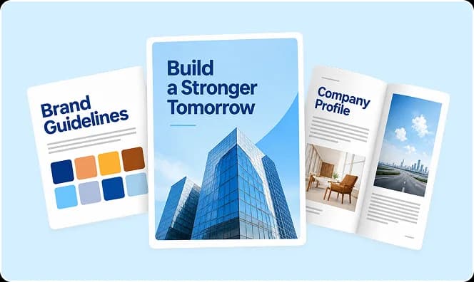 Brand guidelines, campaign poster, and company profile layouts