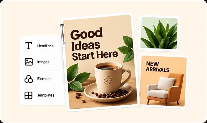 Print layout with headlines, images, elements, and templates
