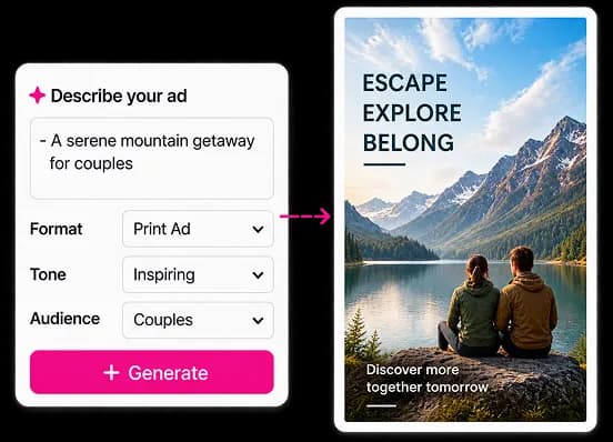 Describe your ad prompt generating an Escape Explore Belong print ad