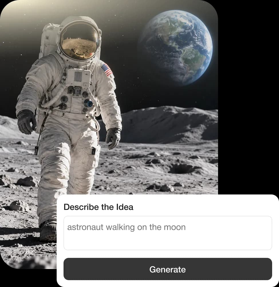 Astronaut walking on the moon with describe-the-idea prompt